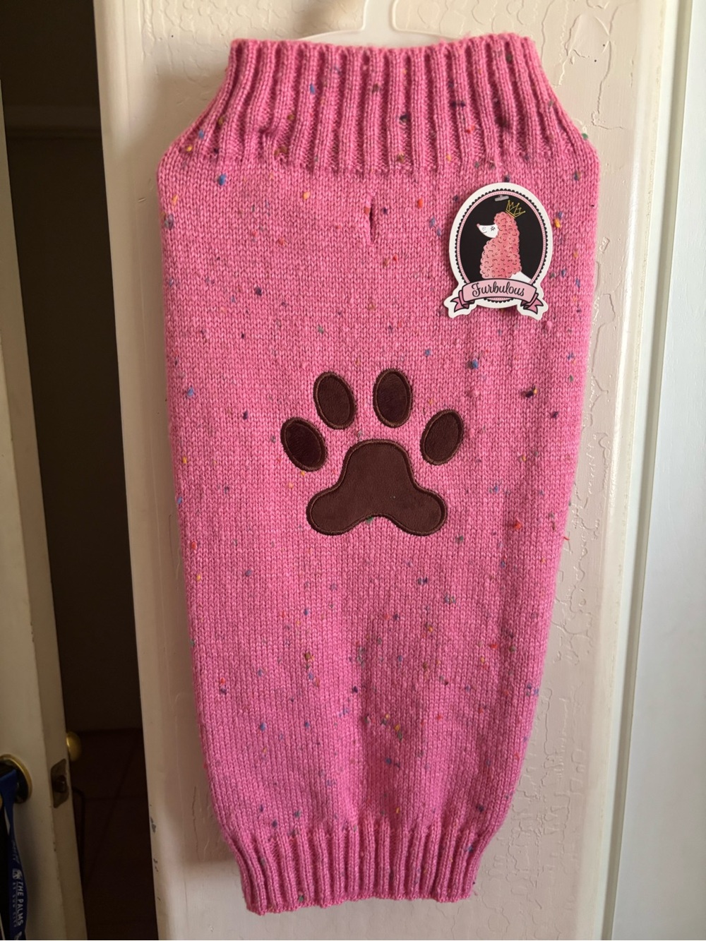 NWT Furbulous Pink Speckled Dog Sweater with Paw Patch, Size L